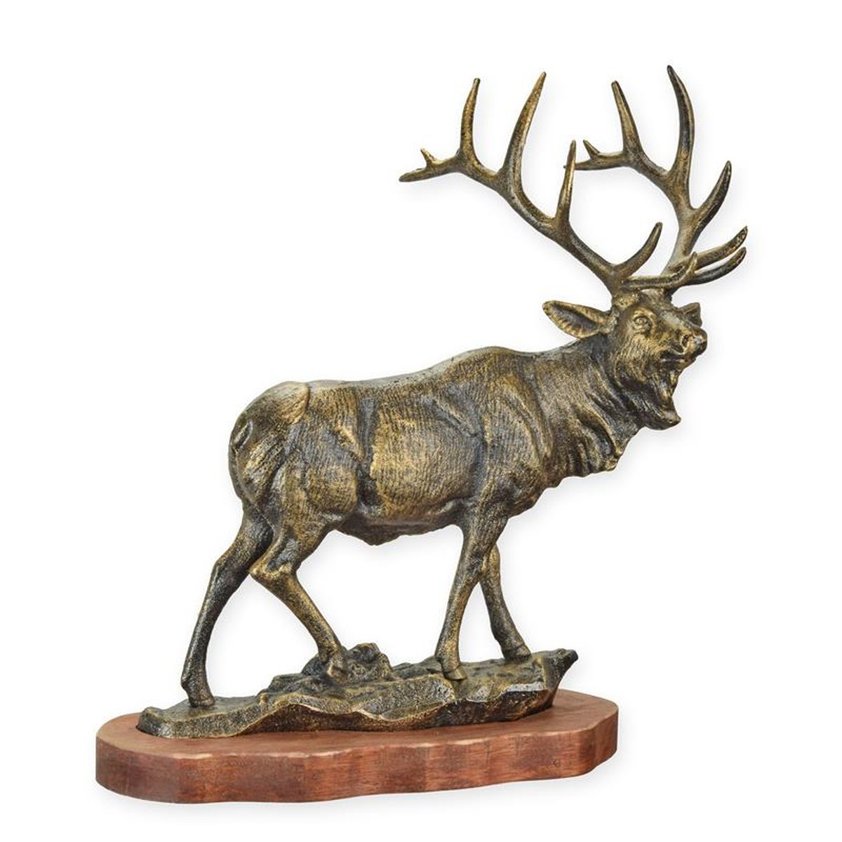 A CAST IRON FIGURINE OF AN ELK ON WOODEN BASE