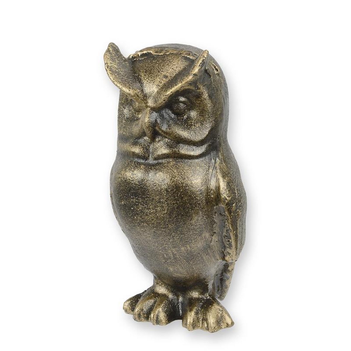 A CAST IRON FIGURINE OF AN OWL