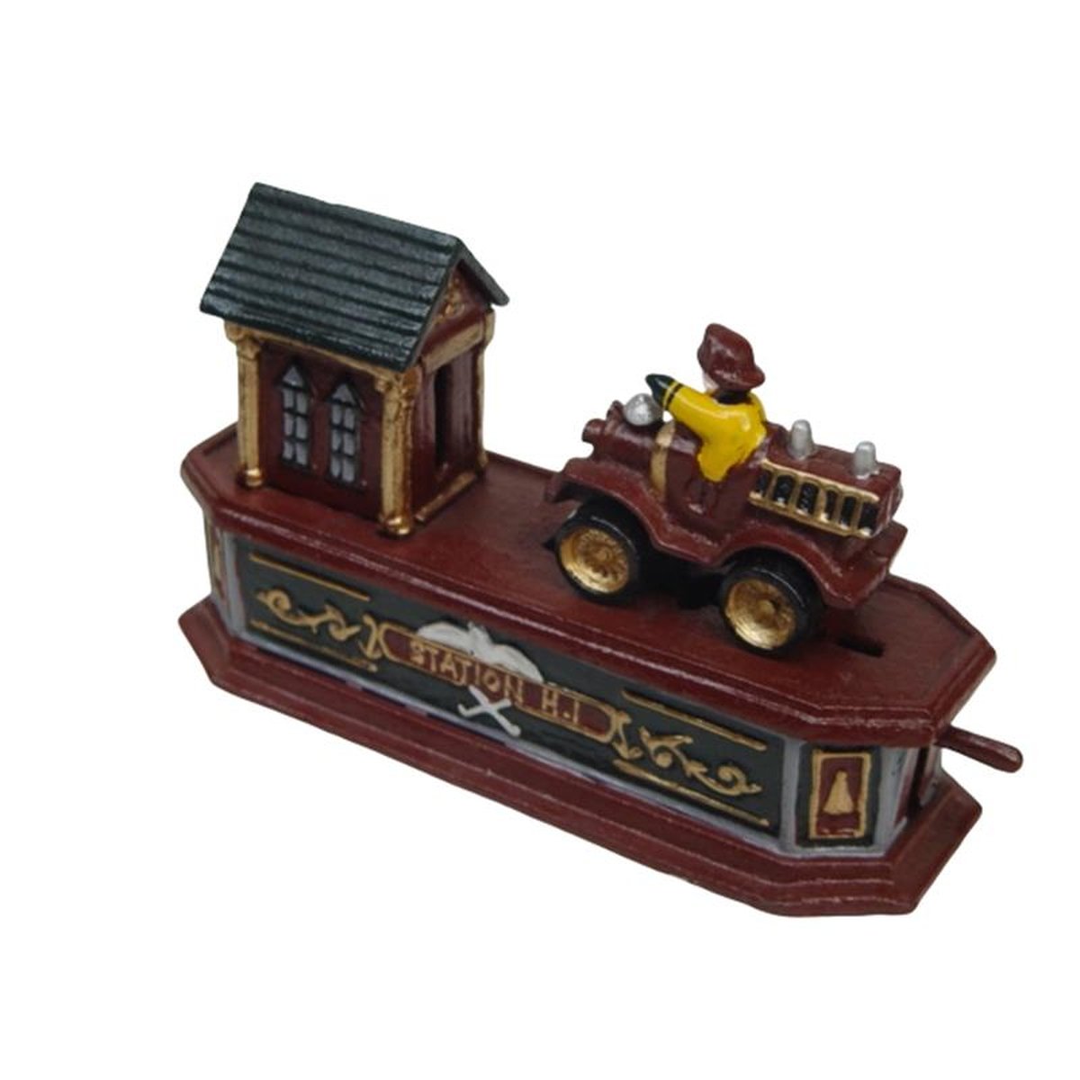 A CAST IRON FIRE ENGINE MECHANICAL BANK