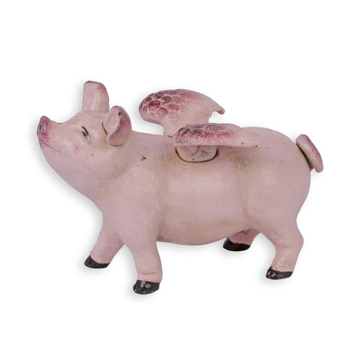 A CAST IRON FLYING PIG BANK, PINK