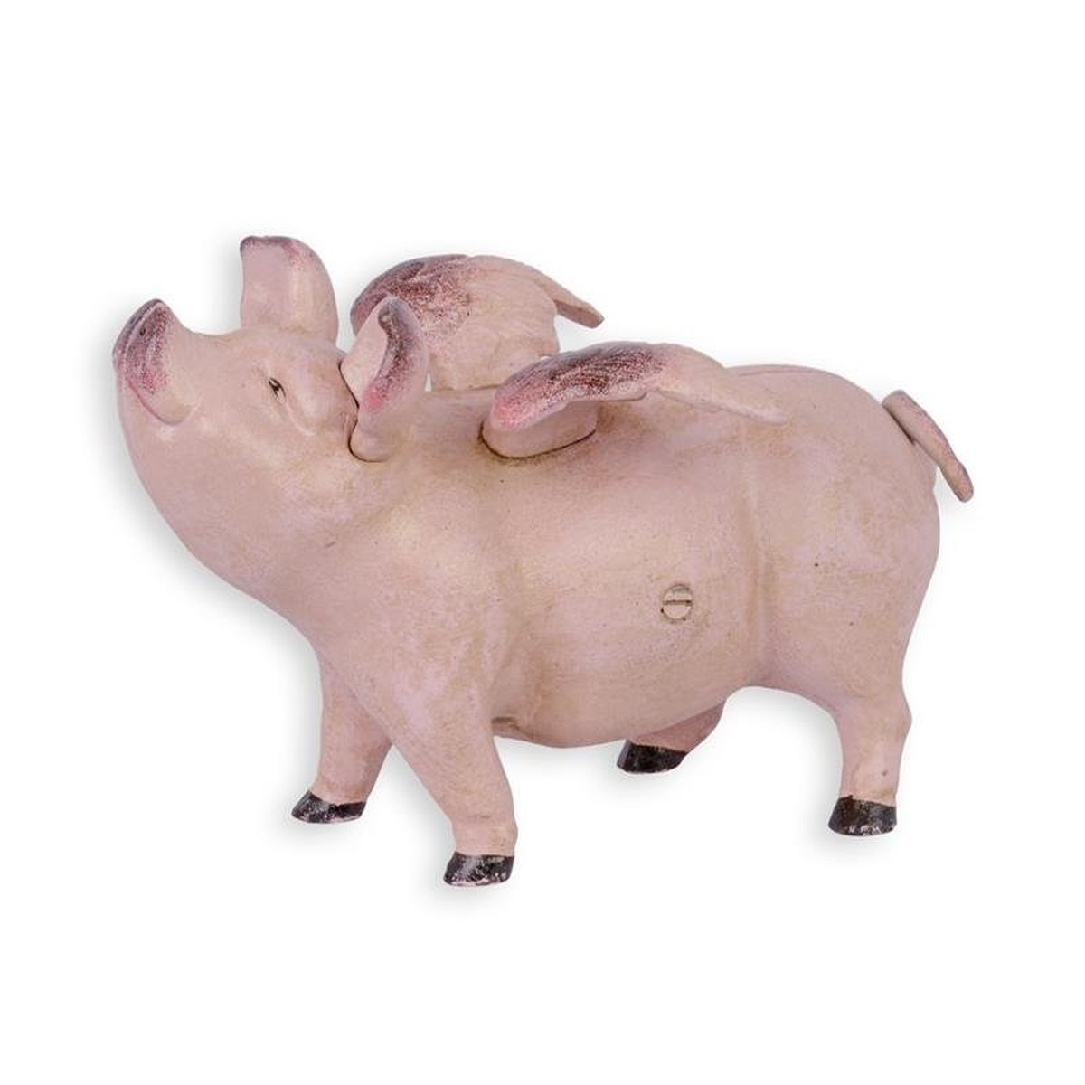 A CAST IRON FLYING PIG BANK, PINK