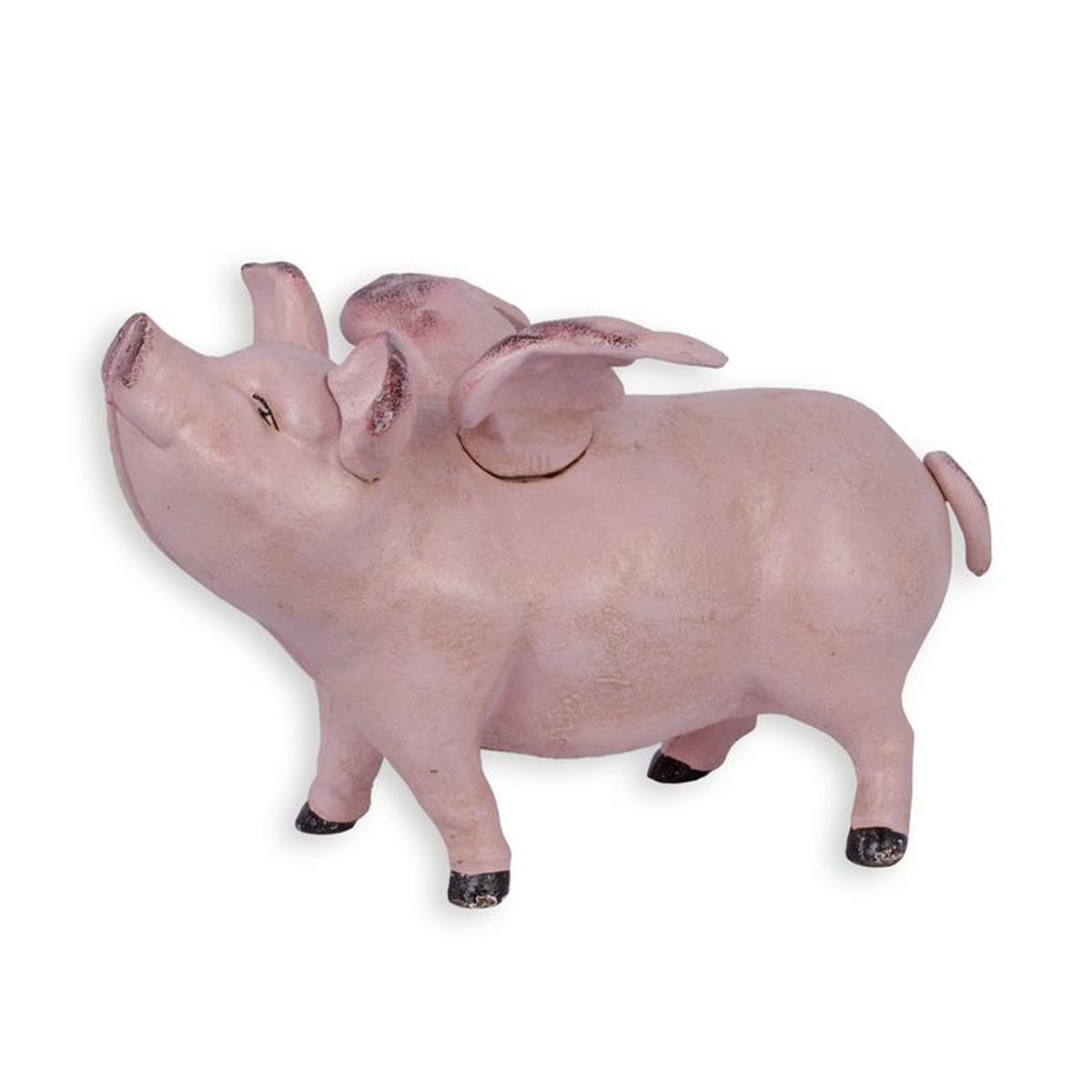 A CAST IRON FLYING PIG BANK, PINK