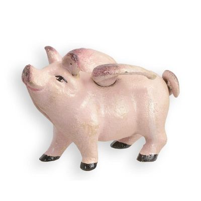 A CAST IRON FLYING PIG BANK, PINK