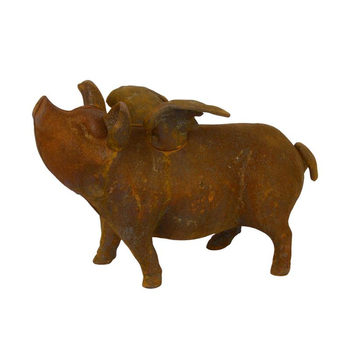 A CAST IRON FLYING PIG BANK, RUSTY