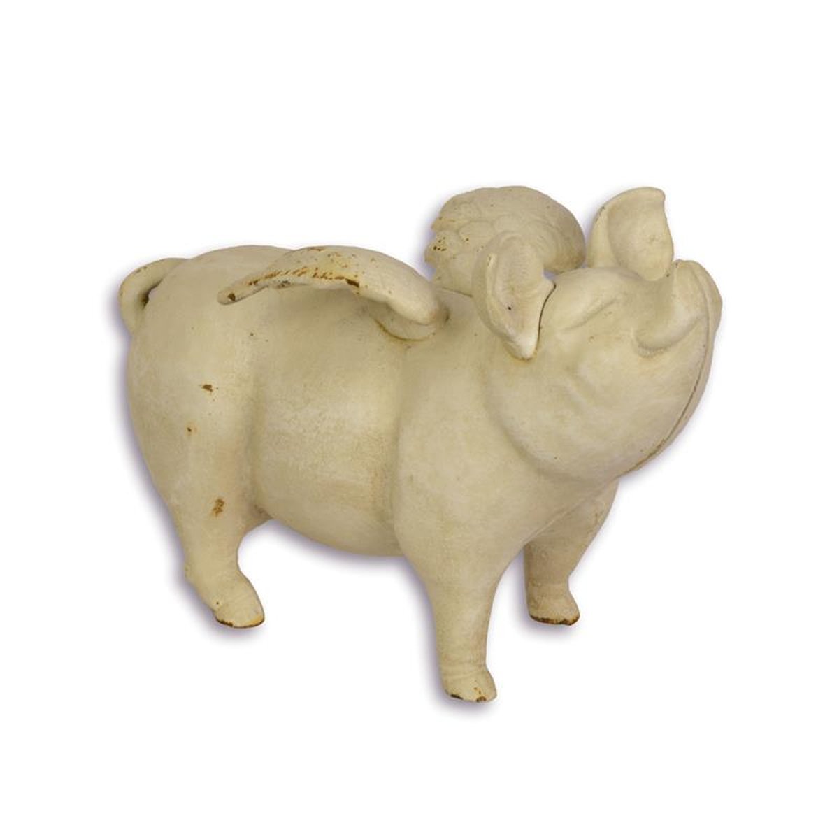 A CAST IRON FLYING PIG BANK, WHITE
