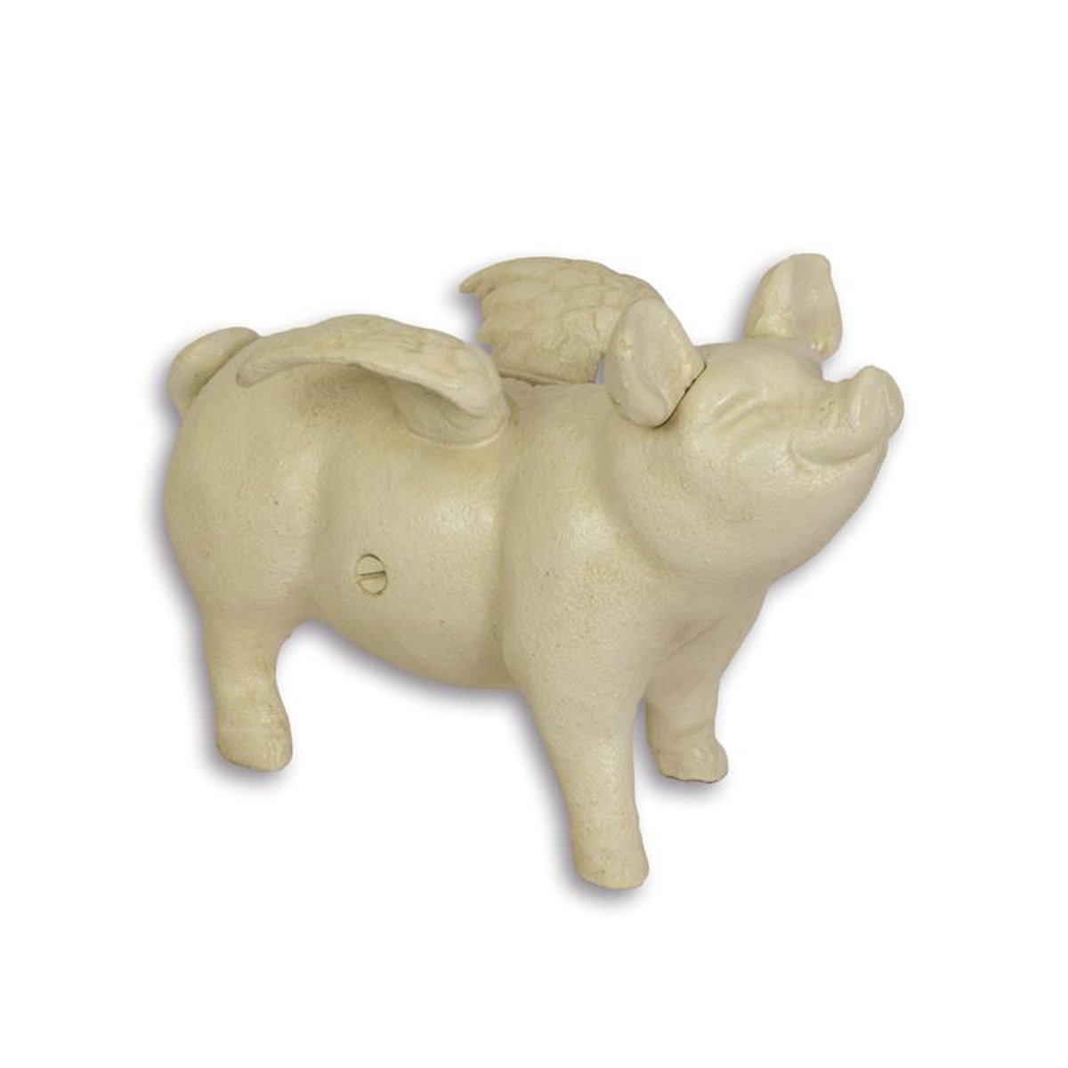 A CAST IRON FLYING PIG BANK, WHITE
