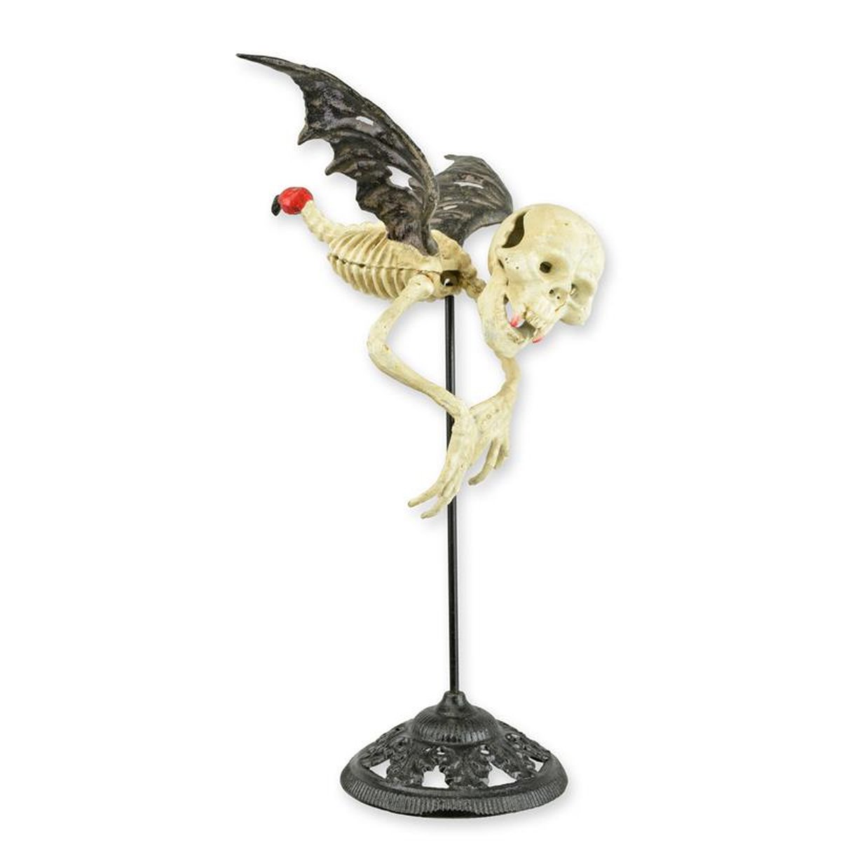 A CAST IRON FLYING SKELETON VAMPIRE ON STAND