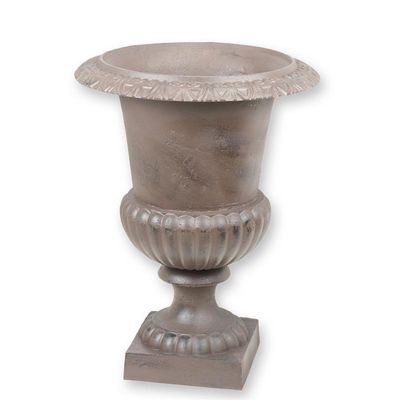 A CAST IRON GARDEN URN - BROWN