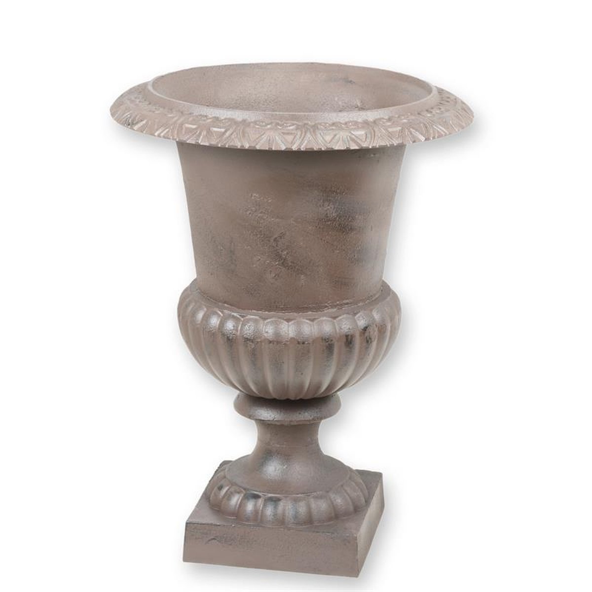 A CAST IRON GARDEN URN - BROWN