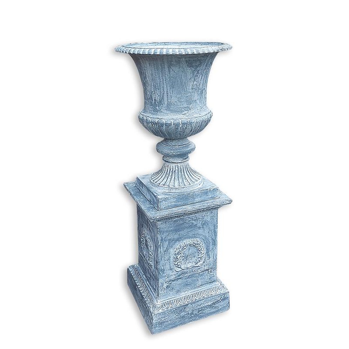 A CAST IRON GARDEN URN ON A BASE