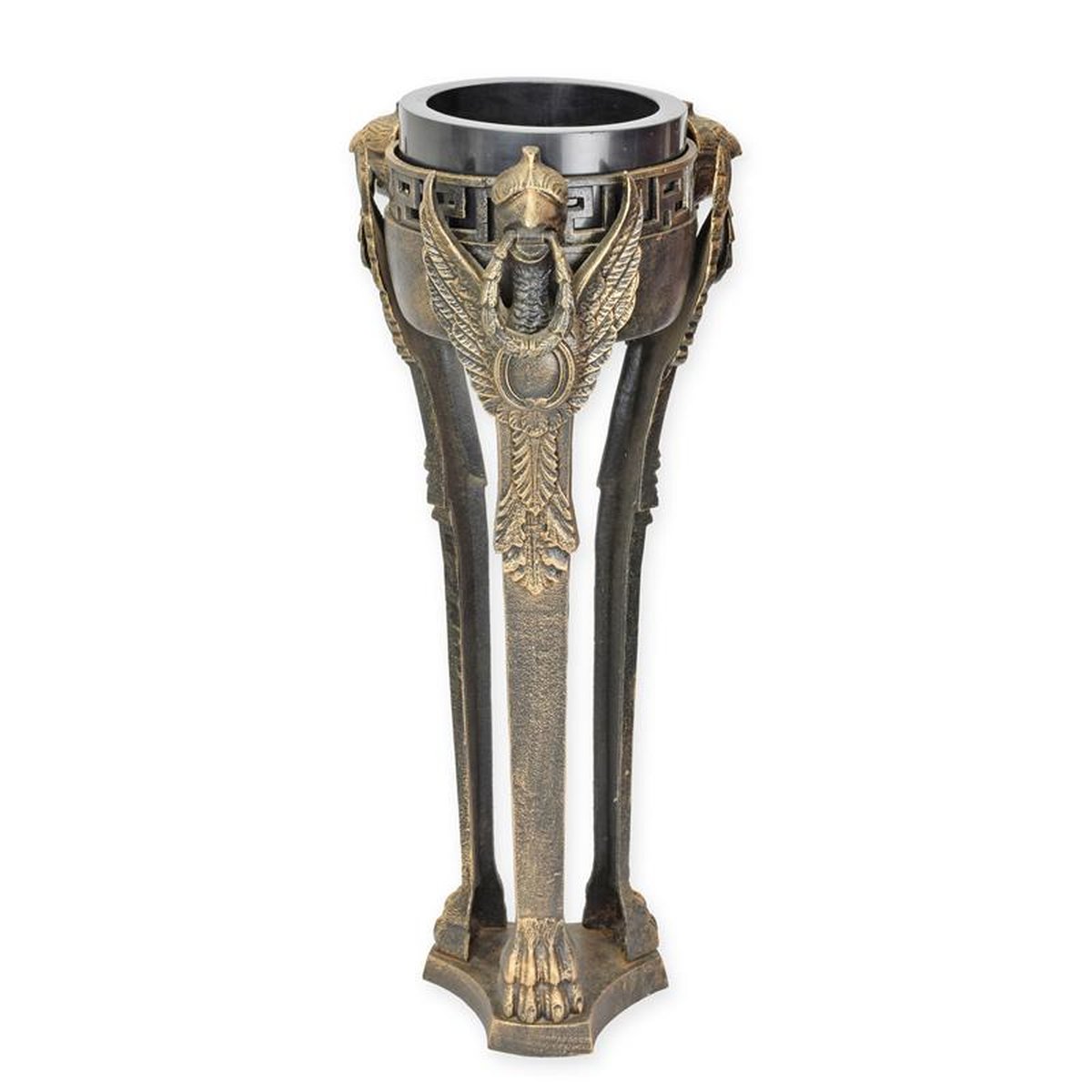 A CAST IRON GRIFFIN MOUNTED PLANTER ON STAND