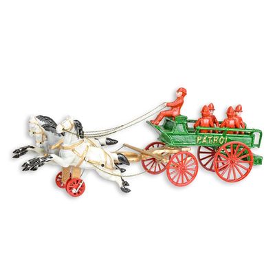 A CAST IRON HORSE DRAWN FIRE PATROL WAGON