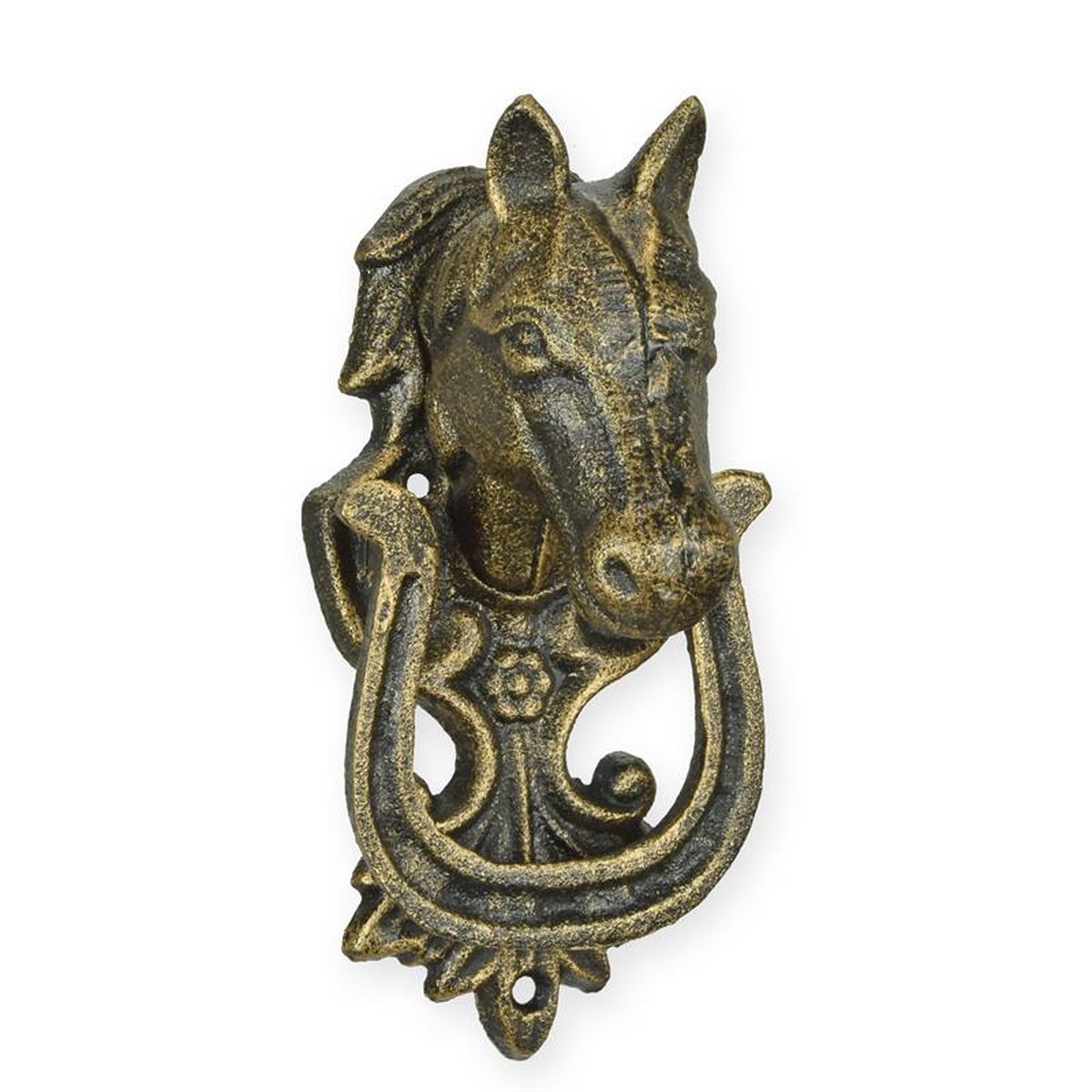 A CAST IRON HORSE HEAD DOOR KNOCKER, BRONZE COLOR