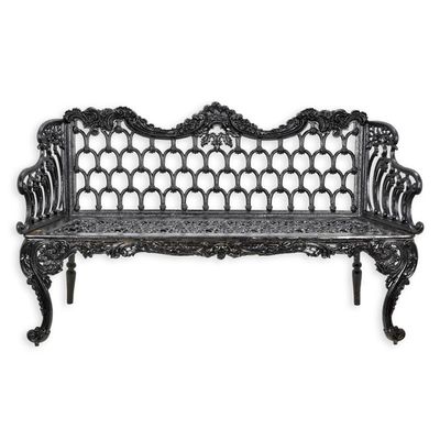 A CAST IRON HORSE SHOE GARDEN BENCH, BLACK