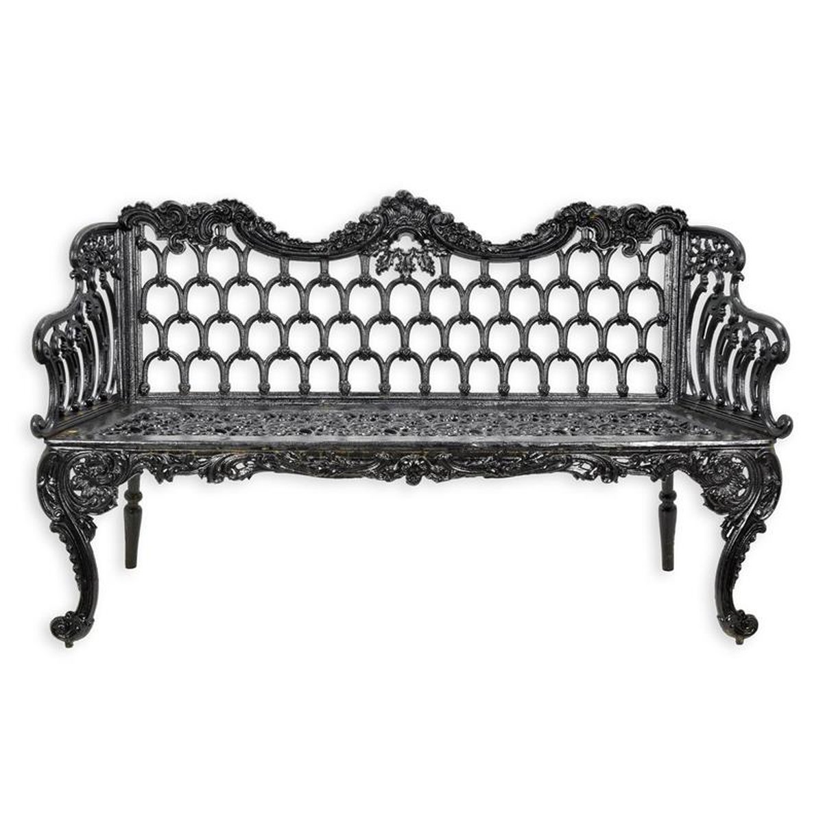 A CAST IRON HORSE SHOE GARDEN BENCH, BLACK