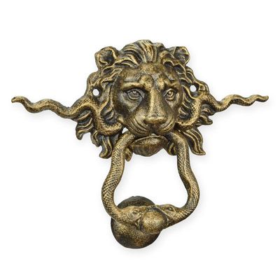 A CAST IRON LION AND SNAKE DOOR KNOCKER