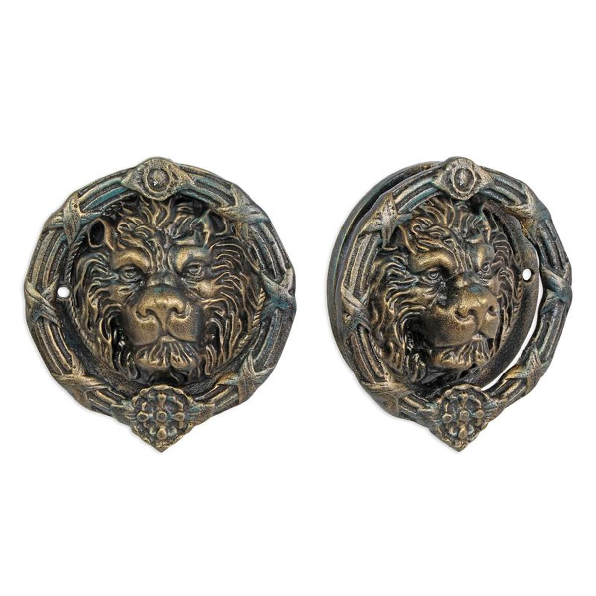 A CAST IRON LION HEAD DOOR KNOCKER