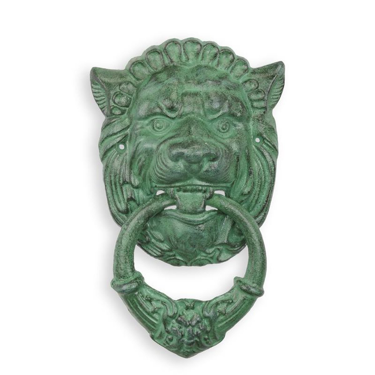 A CAST IRON LION HEAD DOOR KNOCKER