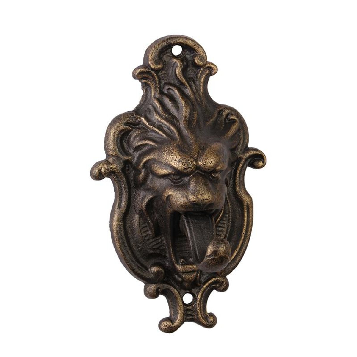 A CAST IRON LION HEAD DOOR KNOCKER