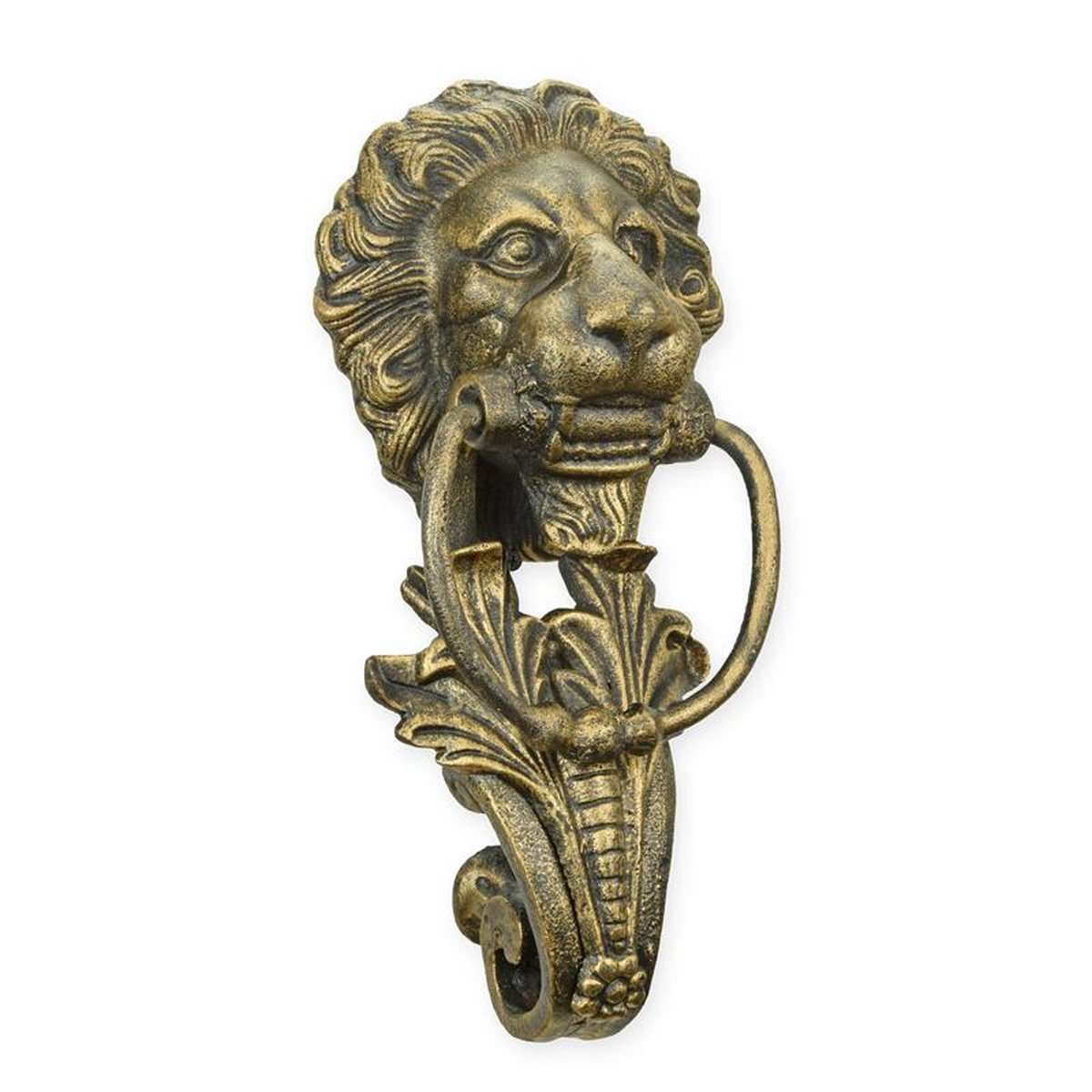 A CAST IRON LION HEAD DOOR KNOCKER