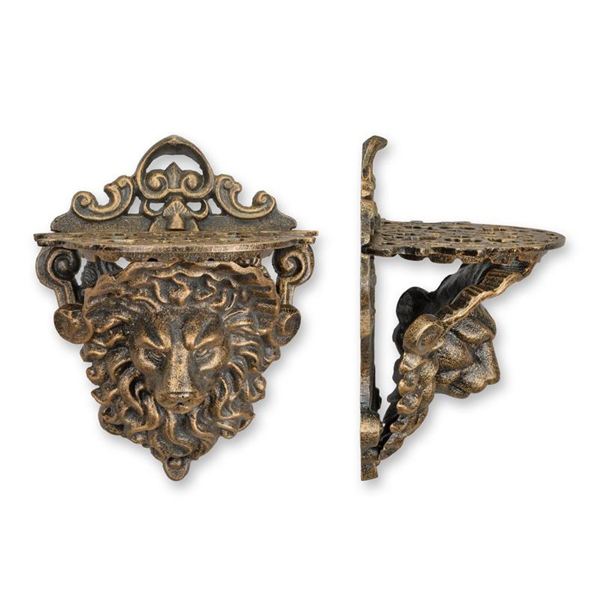 A CAST IRON LION HEAD WALL CONSOLE - BRONZE LOOK