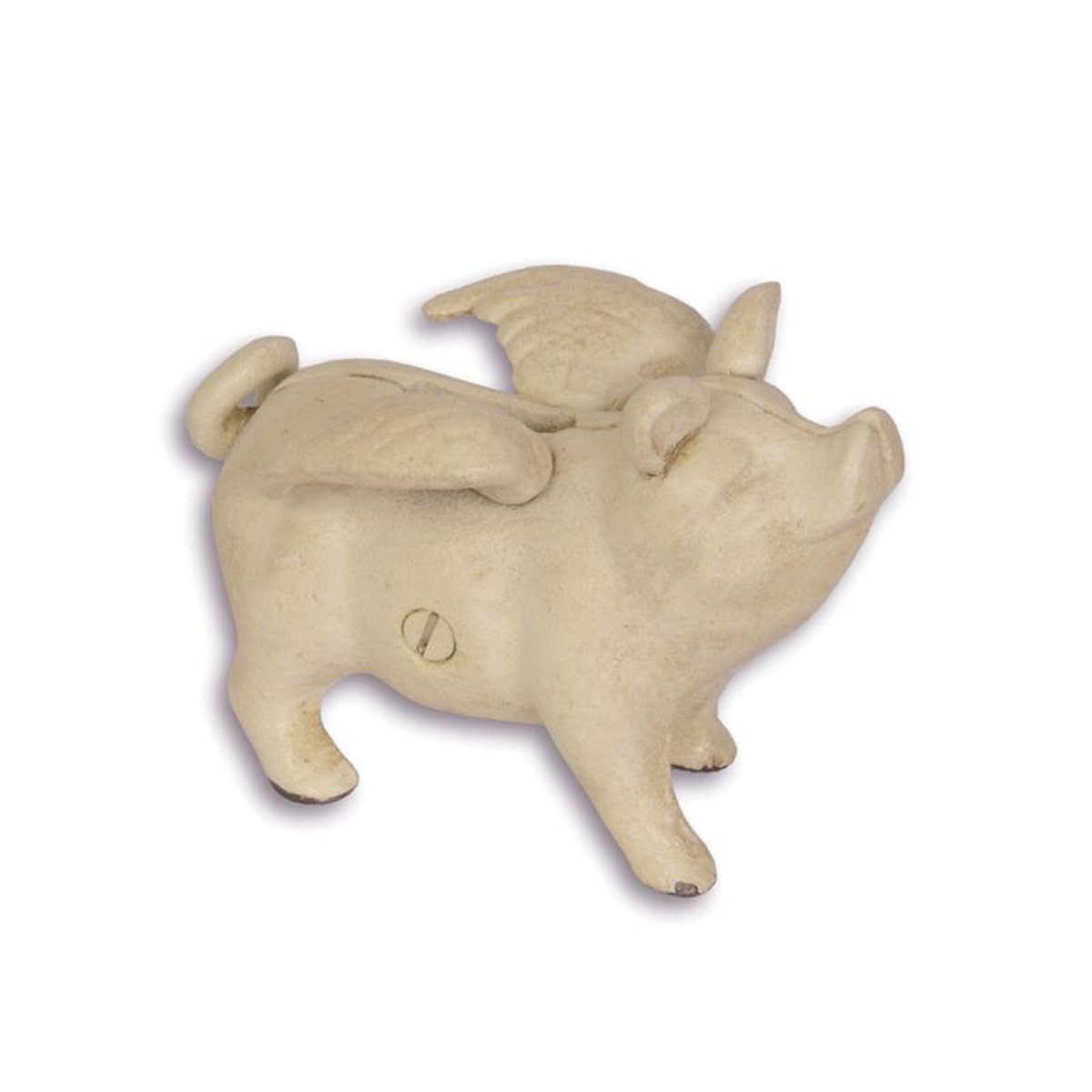 A CAST IRON MINI FLYING PIG BANK, WHITE