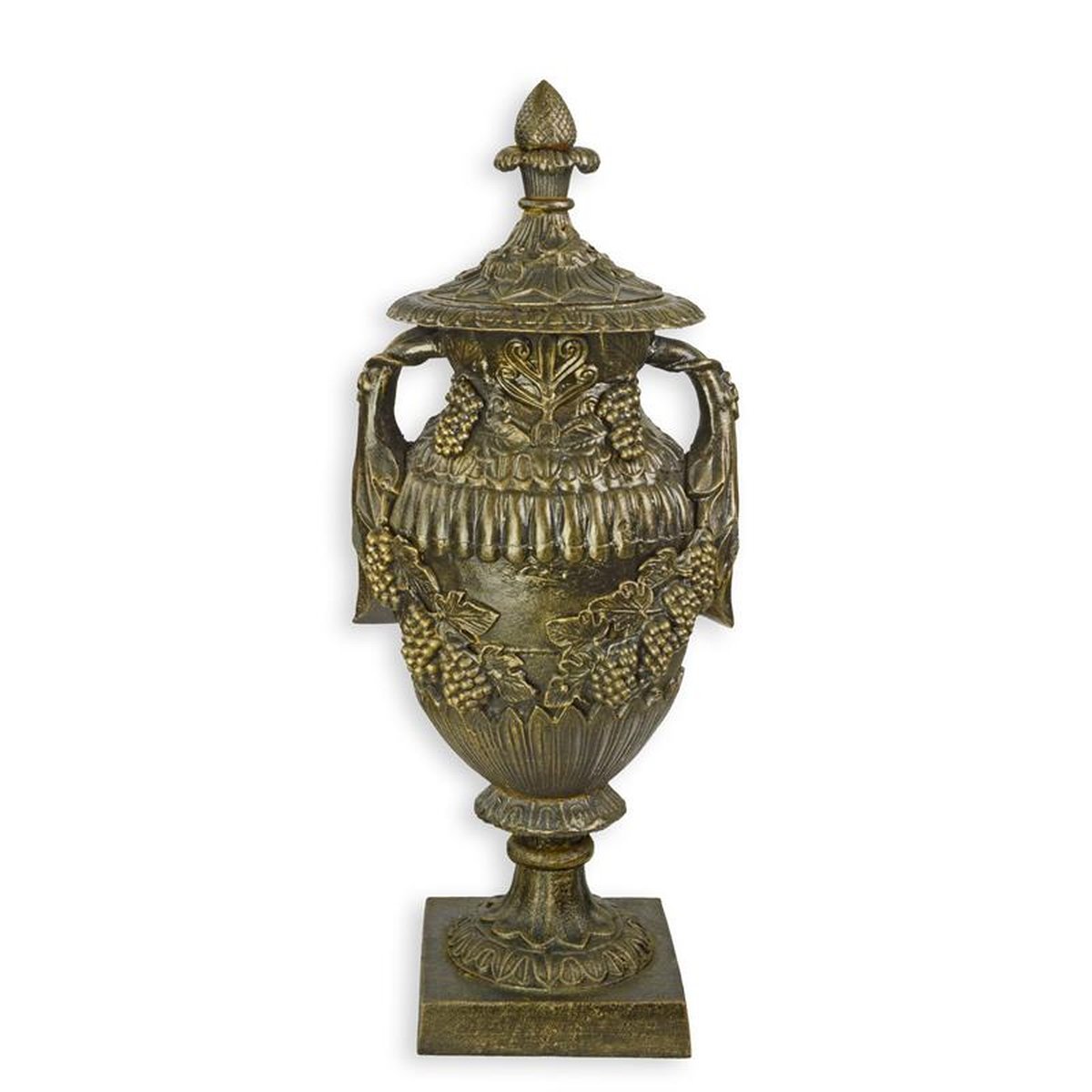 A CAST IRON ORNAMENTAL GARDEN URN ON STAND, BRONZE LOOK