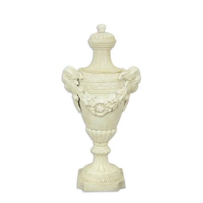 A CAST IRON ORNAMENTAL GARDEN URN ON STAND