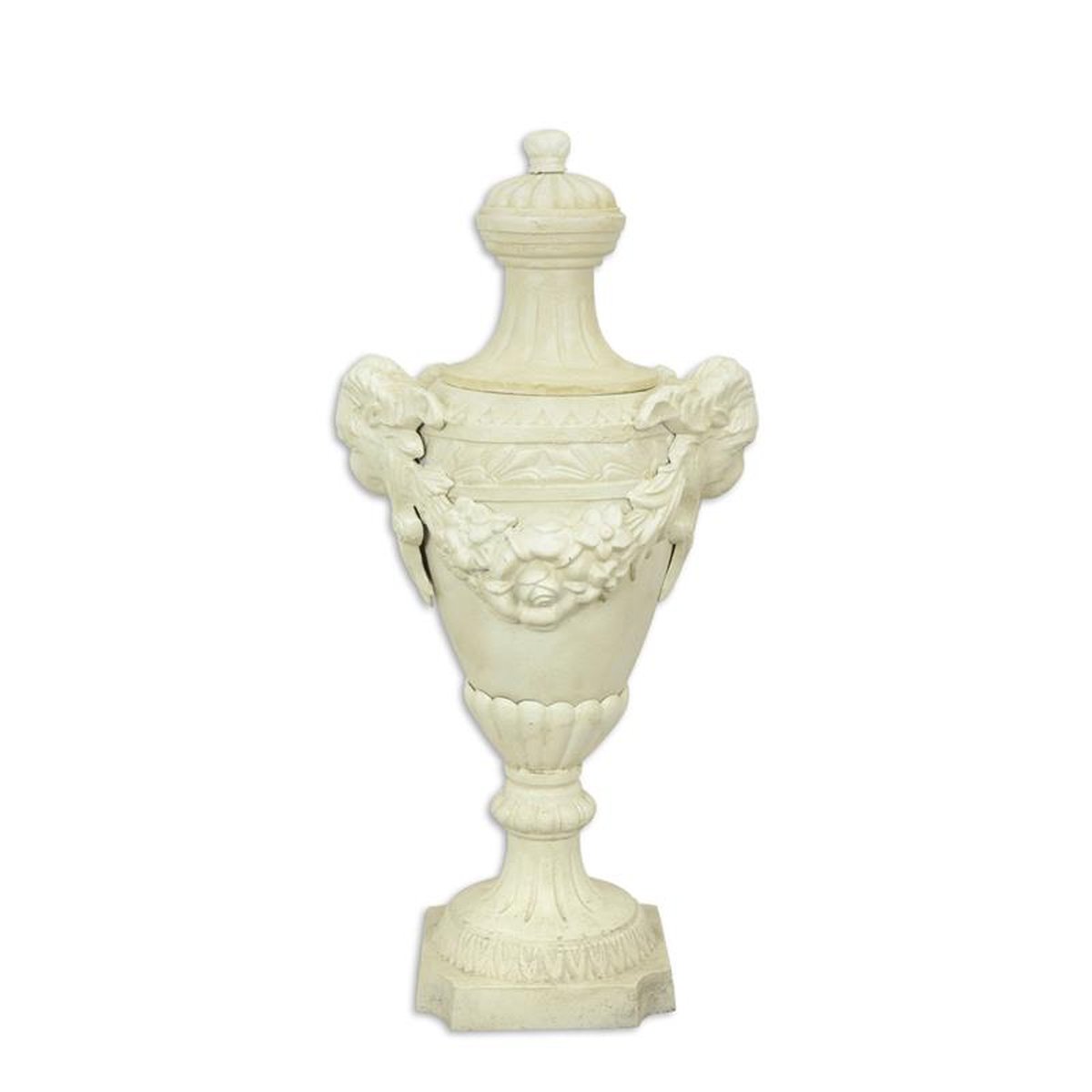 A CAST IRON ORNAMENTAL GARDEN URN ON STAND