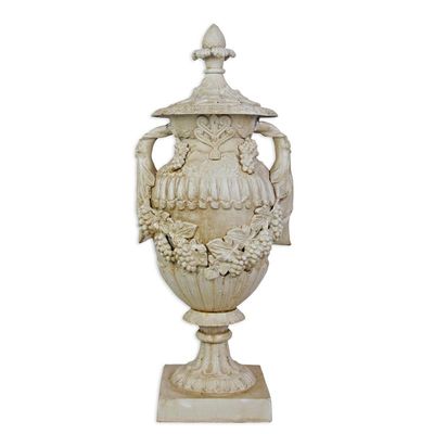 A CAST IRON ORNAMENTAL GARDEN URN ON STAND, OLD WHITE