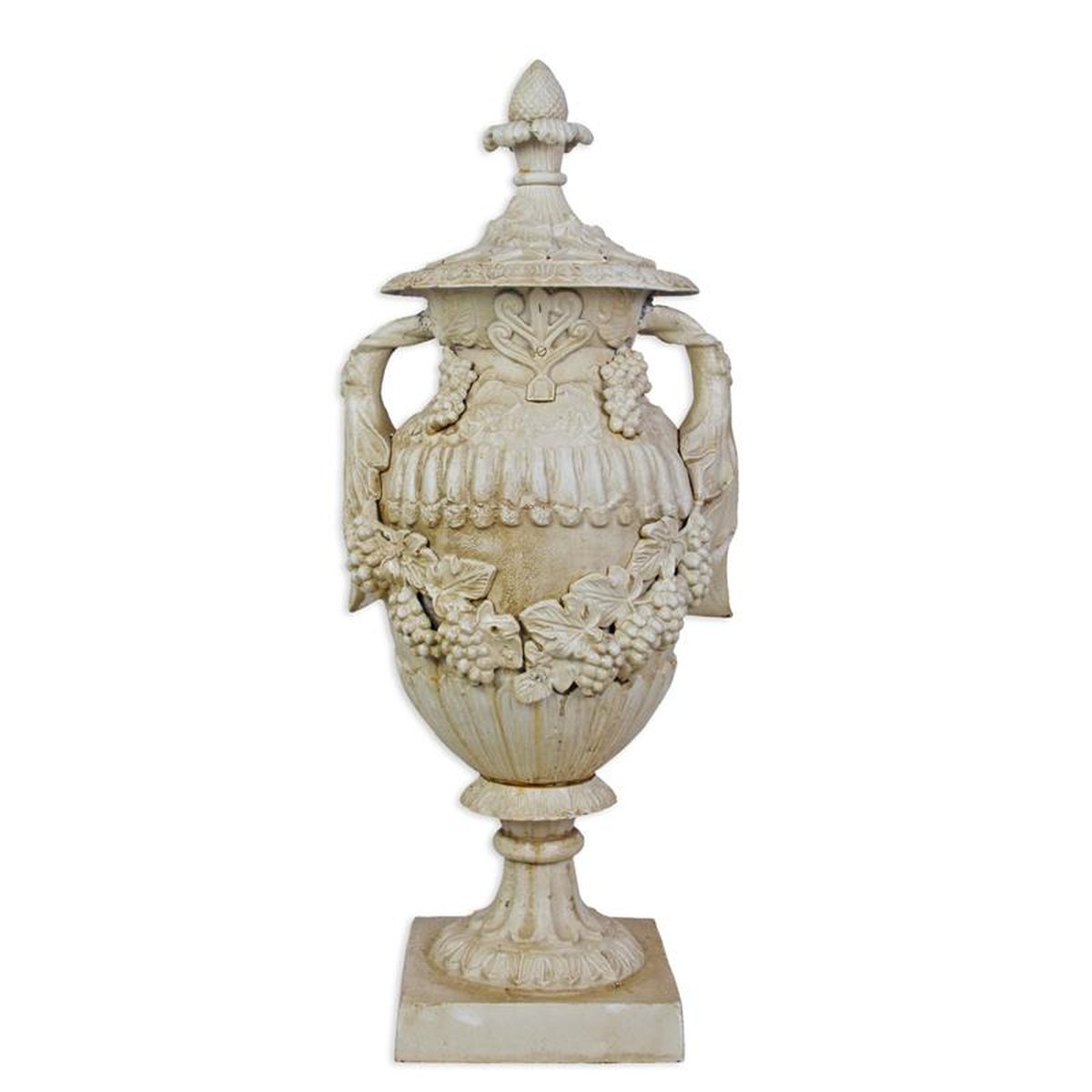 A CAST IRON ORNAMENTAL GARDEN URN ON STAND, OLD WHITE
