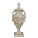 A CAST IRON ORNAMENTAL GARDEN URN ON STAND, OLD WHITE