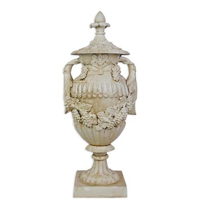 A CAST IRON ORNAMENTAL GARDEN URN ON STAND, OLD WHITE