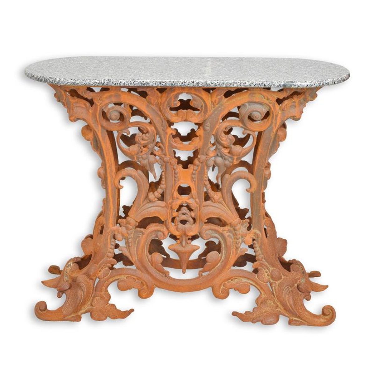 A CAST IRON OVAL BASE WITH MARBLE TOP, RUST