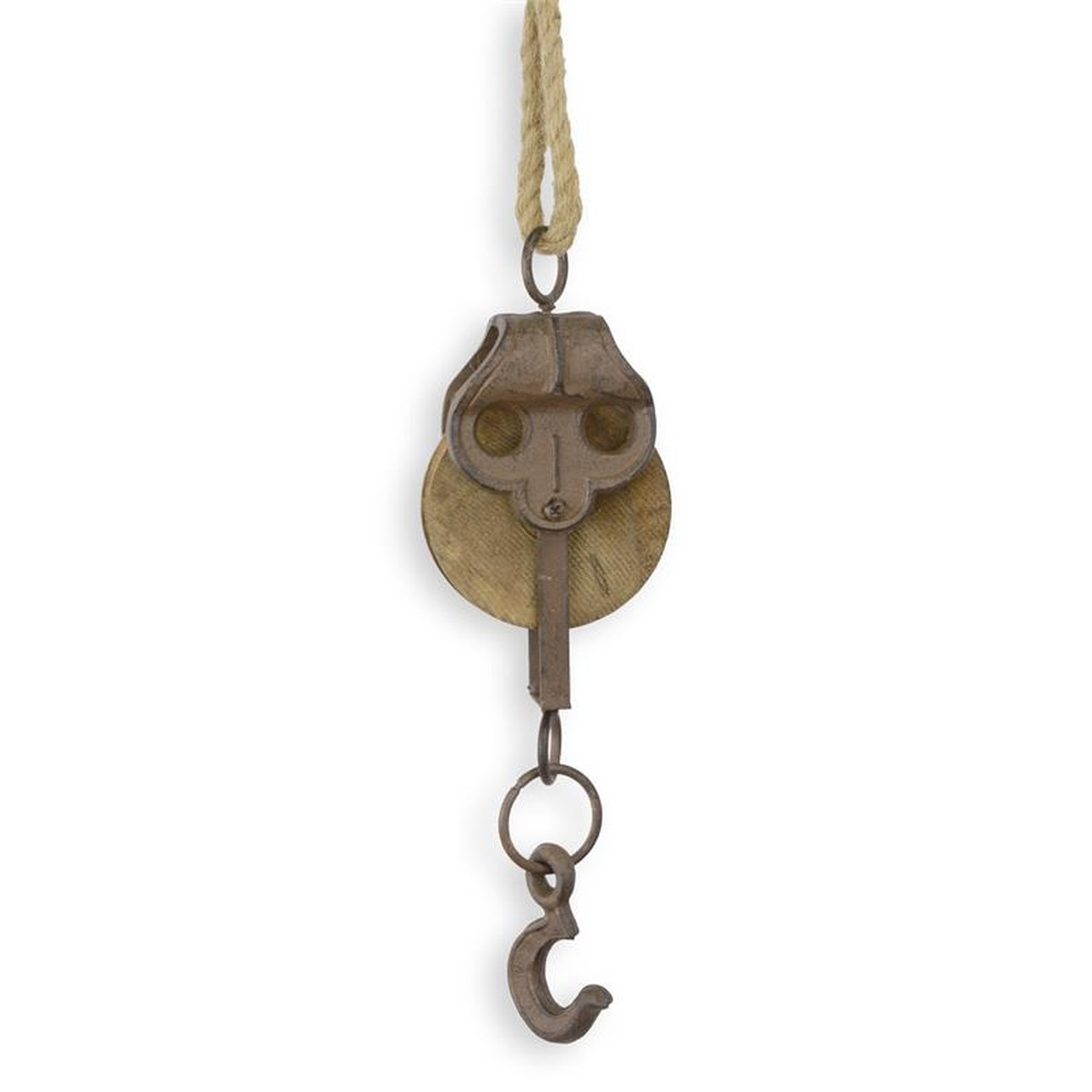 A CAST IRON PULLEY ON ROPE