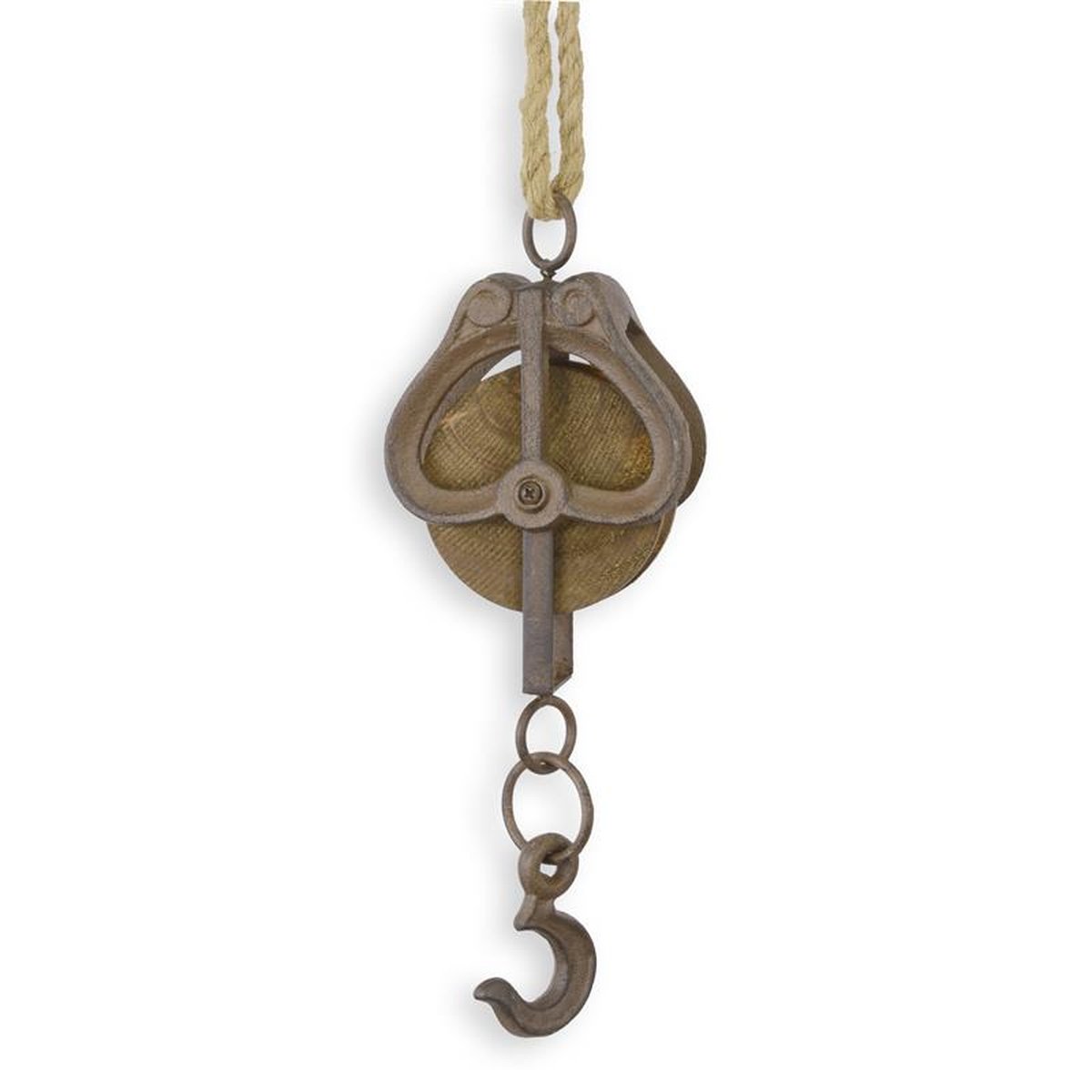 A CAST IRON PULLEY ON ROPE