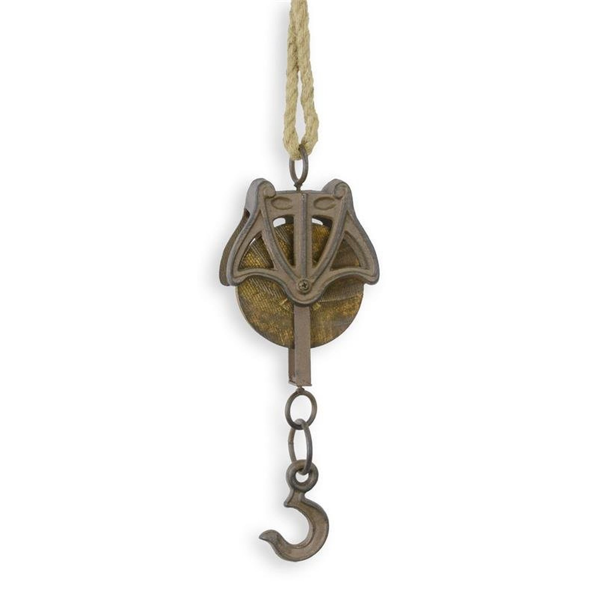 A CAST IRON PULLEY ON ROPE
