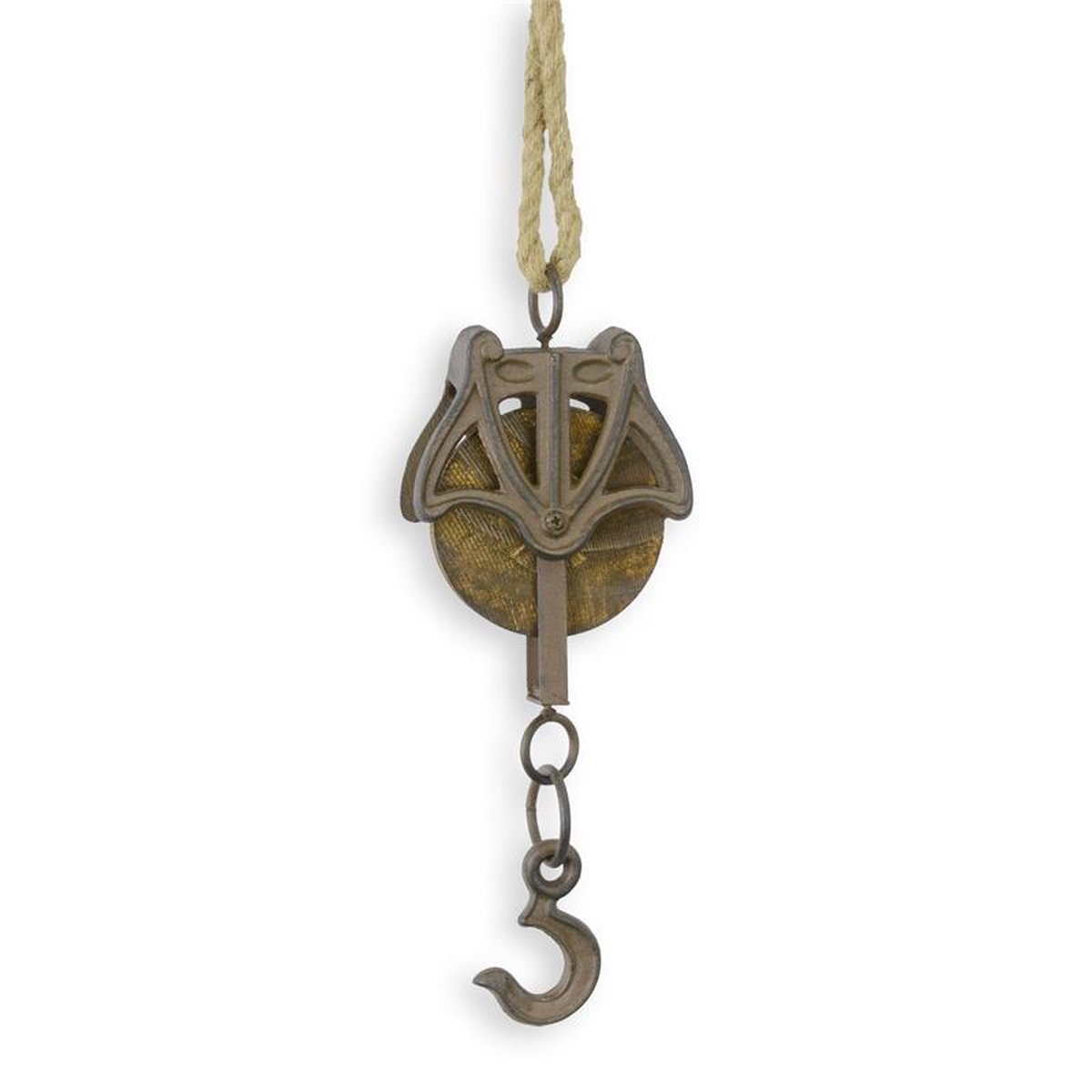 A CAST IRON PULLEY ON ROPE