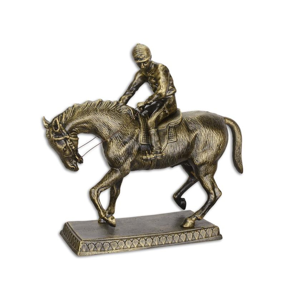 A CAST IRON SCULPTURE OF A JOCKEY ON HORSE