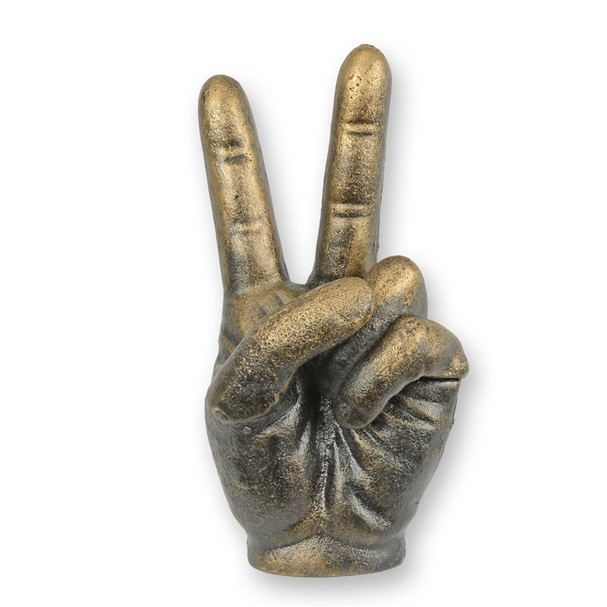 A CAST IRON SCULPTURE OF A PIECE SIGN HAND - BRONZE LOOK