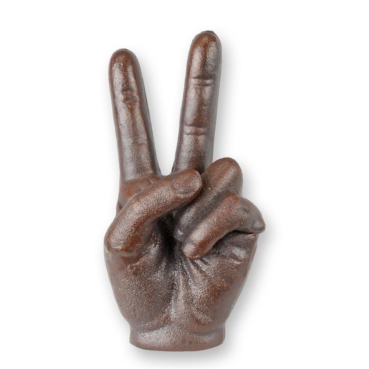 A CAST IRON SCULPTURE OF A PIECE SIGN HAND - RUST LOOK