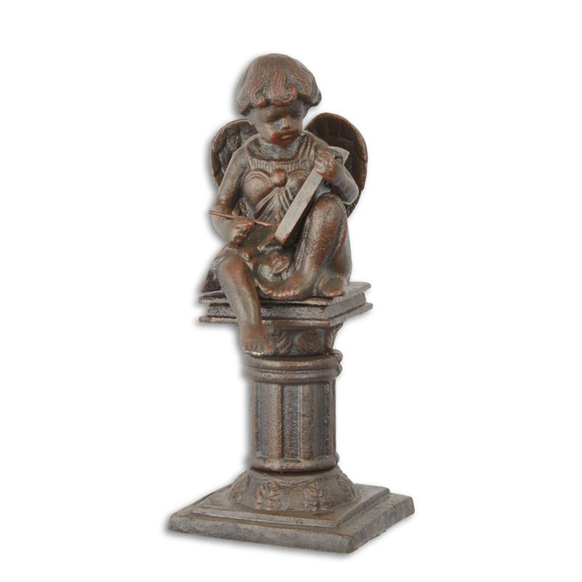 A CAST IRON SCULPTURE OF A PUTTO SITTING ON A PILLAR