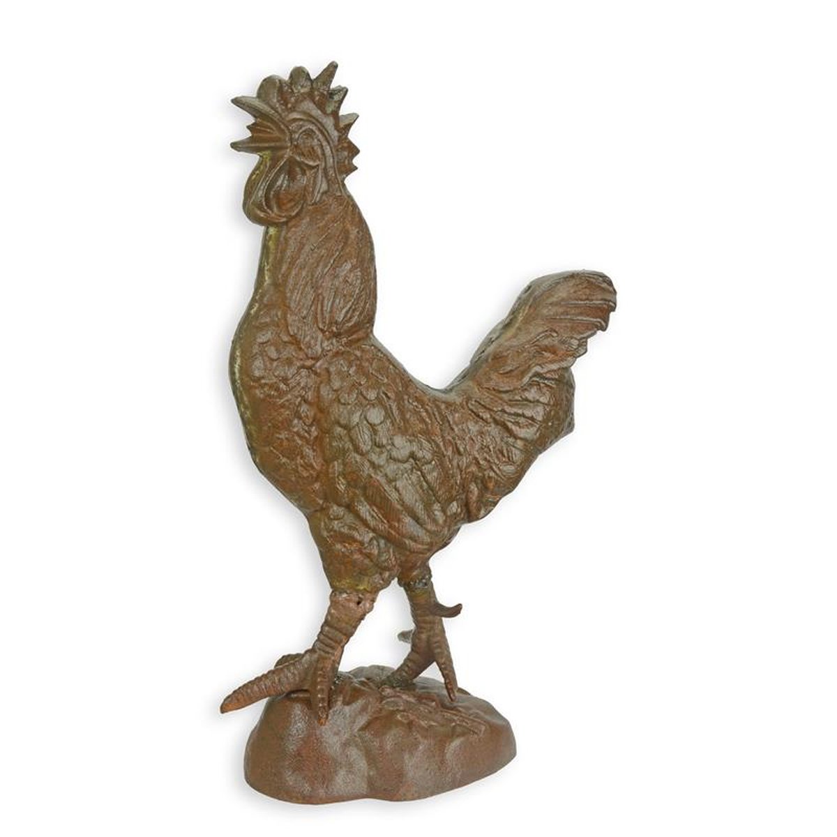 A CAST IRON SCULPTURE OF A ROOSTER, BROWN