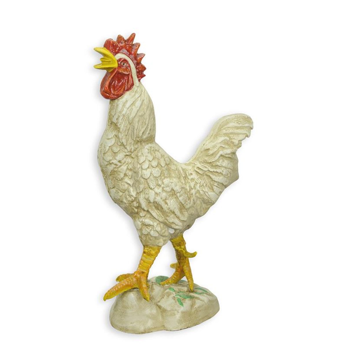 A CAST IRON SCULPTURE OF A ROOSTER, WHITE