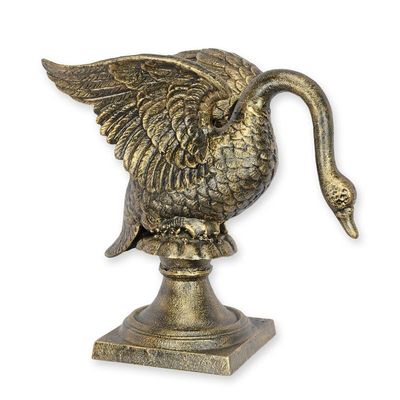 A CAST IRON SCULPTURE OF A SWAN ON BASE - BRONZE COLOR