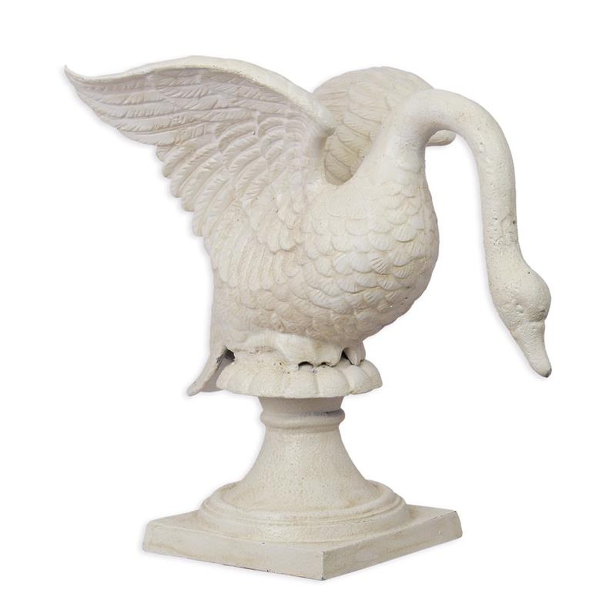 A CAST IRON SCULPTURE OF A SWAN ON BASE