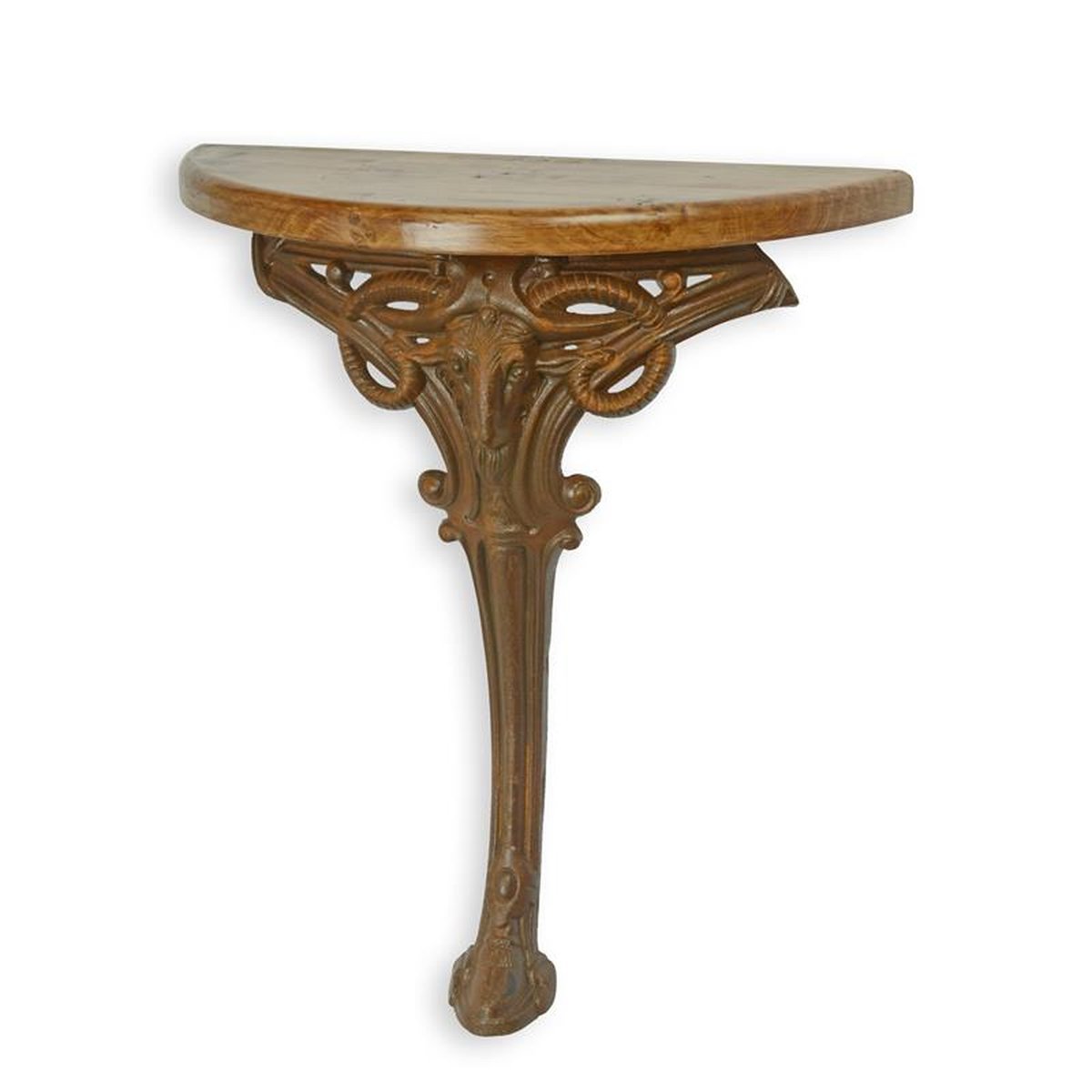 A CAST IRON SIDE TABLE MOUNTED WITH WOODEN TOP - RUSTY