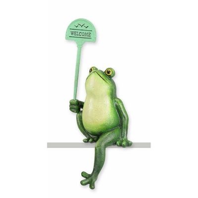 A CAST IRON SITTING FROG HOLDING A WELCOME SIGN