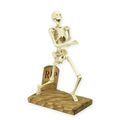 A CAST IRON SKELETON MOUNTED ON A WOODEN BASE
