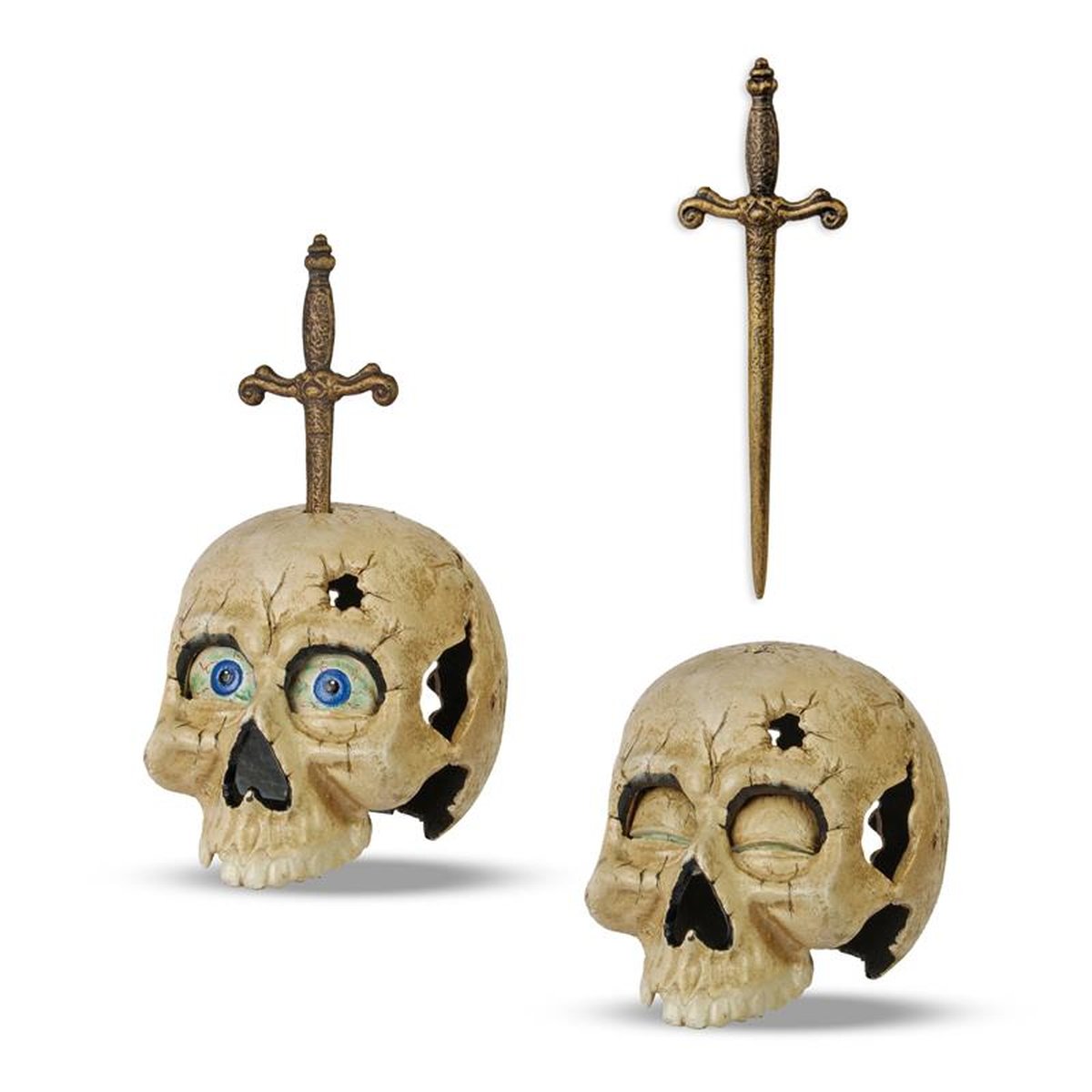 A CAST IRON SKULL PIERCED WITH SWORD